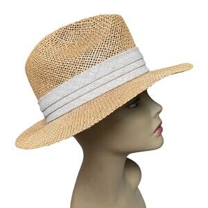 Vtg Chi chi Collection Panama Straw hat Linen band Made in U.S.A. Size Small S